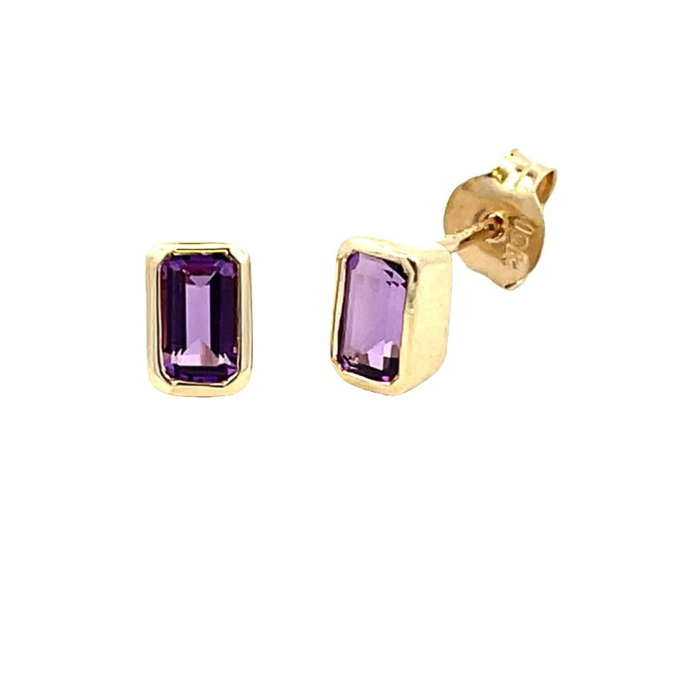 Natural .70ct Amethyst Stud Earrings - 10kt Yellow Gold - NEW w/Box